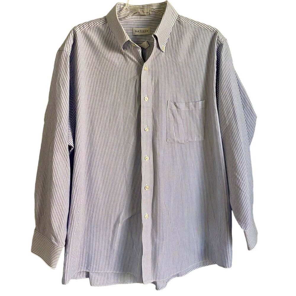 Van Heusen Blue White Oxford Wrinkle Free Button Down Shirt Men's 17